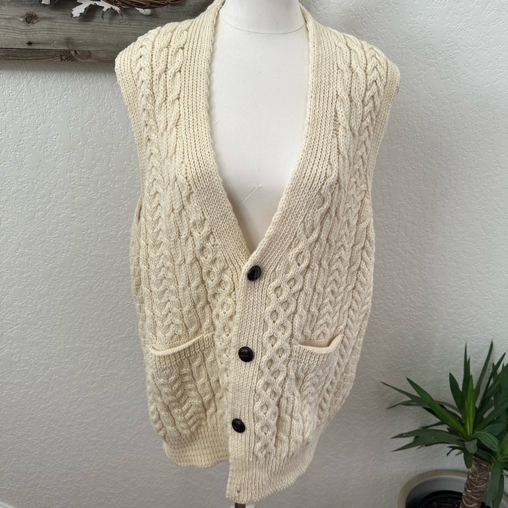 Carriagdonn Irish 100% wool cable knit fisherman cardigan vest size XL NWT